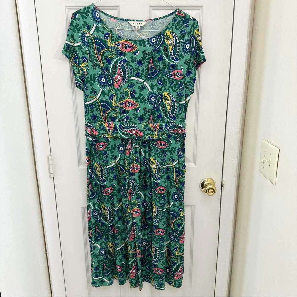Boden Amelie Jersey Midi Dress Size 12L Green Paisley Short Sleeve Women’s